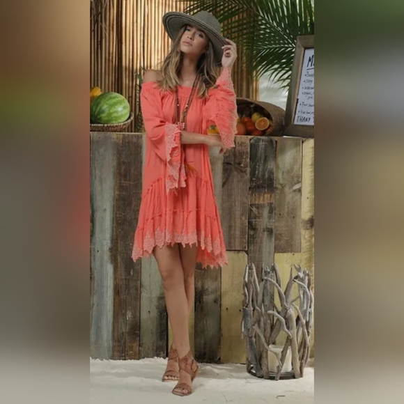 Z&L Europe Deja 100% Viscose Elegant Coral Off-Shoulder Embroidered Dress Large - Picture 9 of 16